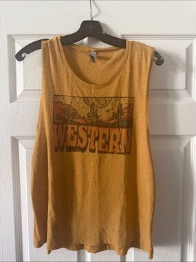 Western Graphic Muscle Tank Top - Mustard